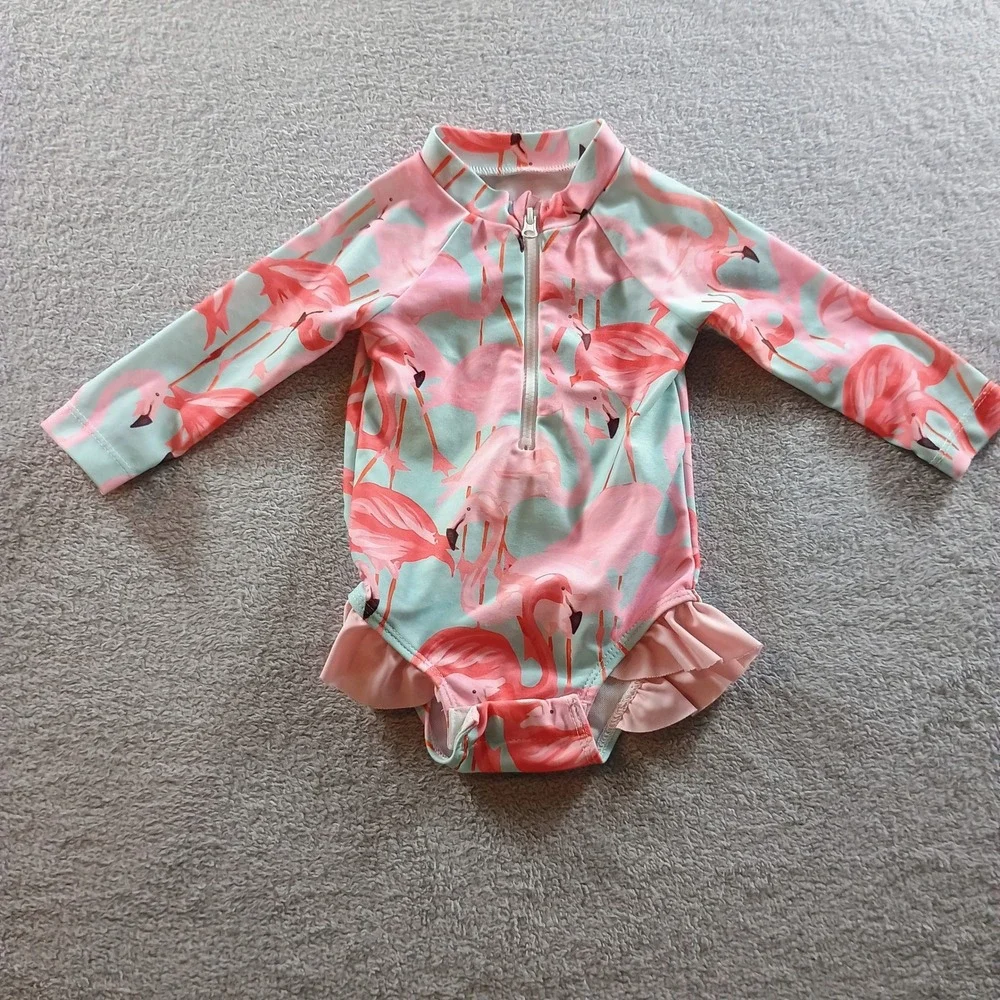 Unbranded‎ Girls Flamingo Print Rash Guard Pink 70 Ruffle Long Sleeve Swimsuit